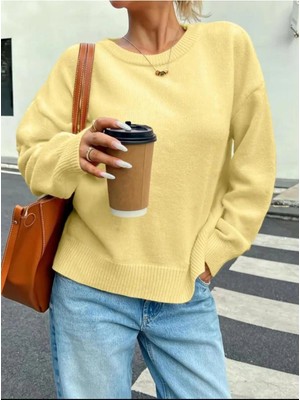 MetuCa Kadın Sarı Bisiklet Yaka Balon Kol Oversize Triko Kazak