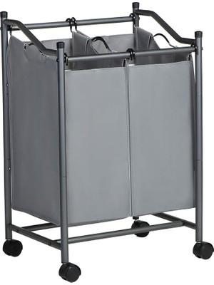 Çamaşır Ayırıcı, Tekerlekli ve 2 Bölmeli, Çamaşır Sepeti, Çıkarılabilir Çantalı Çamaşır Arabası, Toplam Kapasite 90 L, Gri, LSF002GS