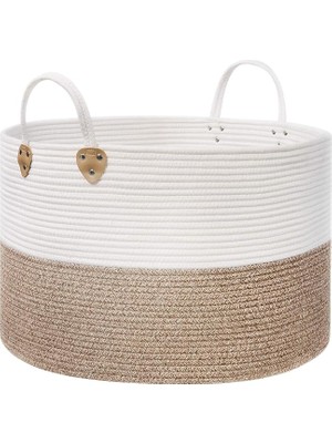 Pamuk Halat Sepeti, Tutma Saplı Pamuk Çamaşır Sepeti 100L, Oyuncak Elbise Battaniye Için, Kahverengi-Bej 55X55X35 cm