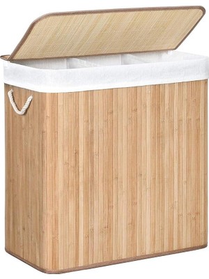 Çamaşır Sepeti, Çamaşır Toplayıcı, Bambudan Yapılmış, Kulplu Çamaşır Sandığı, 3 Bölme, Klipsli Kapak, 150 L, Katlanabilir, Çamaşır Odası, Yatak Odası, Banyo, Doğal Renk LCB091N01