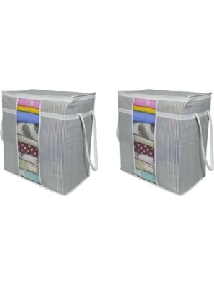 2 Adet - Pencereli Saklama Çantası - Pencereli Battaniye Hurcu 30X45X50CM - Çizgili Model