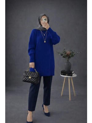 MetuCa Kadın Mavi Bisiklet Yaka Oversize Triko Tunik Kazak