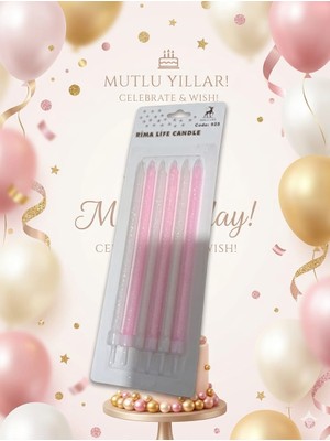 Rima Life Pembe Simli Doğum Günü Pasta Mumu, Parafin, 6'lı Paket, Kokusuz, Silindirik, Parti Dekorasyonu Için