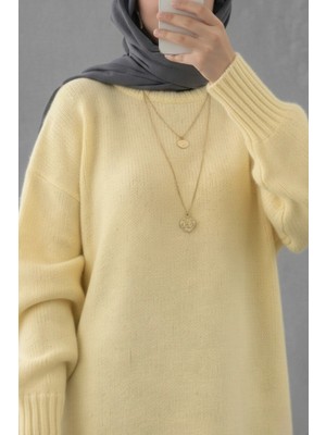 MetuCa Kadın Sarı Bisiklet Yaka Balon Kollu Oversize Triko Tunik Kazak