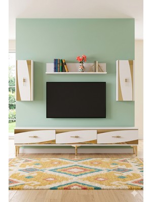 Yumedi Design TVR1813BG - Başarı Tv Ünitesi Takımı 180CM Beyaz-Gold