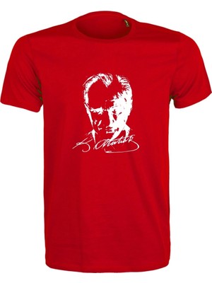 Etifa Tekstil Unisex Kırmızı %100 Pamuk Regular Fit Tişört – Beyaz Atatürk Imzalı / Siluet Baskılı, Günlük T-Shirt