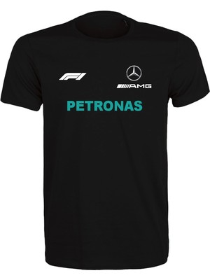 Etifa Tekstil Unisex Siyah %100 Pamuk Regular Fit Tişört – Mercedes Amg F1 Baskılı, Çift Taraf Baskı, Spor T-Shirt