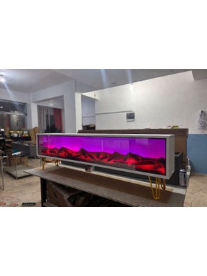 Butik Yeni Sezon Elektrikli Şömine Elegance Seri Beyaz Gold Metal Ayak 170CM Bluetootlu Ses Sistemi 4 Farklı Renk Uzaktan Kumandalı