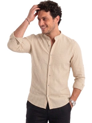 Rizzup Bej Erkek Hakim Yaka Ütü Gerektirmeyen Rahat Kalıp Kırışık Kumaş Viskon Gömlek 2602622