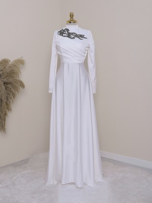 Moda Morfo Yakası Taşlı Önü Drapeli  Abiye -Beyaz