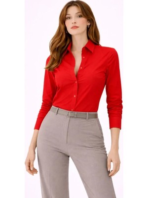 Pileli Store Uzun Kollu Gömlek Düğmeli Klasik Yaka Günlük ve Ofis Şıklığına Uygun - Kırmızı