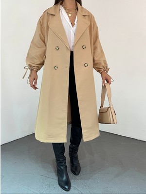 Moda Morfo Kapaklı Cepli Kolu Bağcıklı Trençkot -Vizon