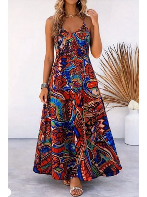 Evyora Kadın Askılı V Yakalı Desenli Uzun Süprem Elbise