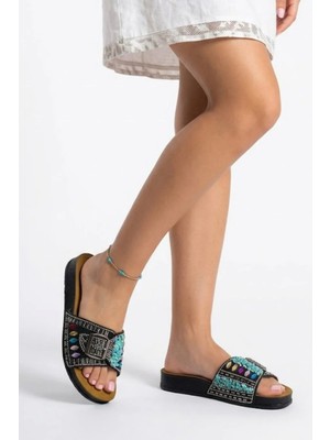 Kadın Taşlı Tokalı Terlik Renkli Taş Detaylı Ortopedik Taban Rahat Şık Günlük Yazlık Terlik