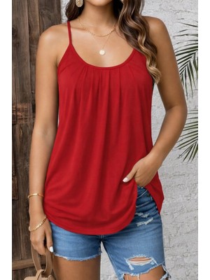 Pusula Sepeti Kadın Ip Askılı Yuvarlak Yakalı Pileli Uzun Viskon Bluz