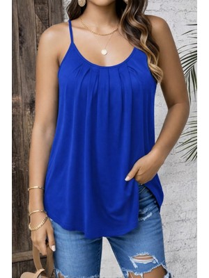 Cotton Lab Cottonlab Kadın Ip Askılı Yuvarlak Yakalı Pileli Uzun Viskon Bluz