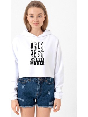 Tshirthane Horror Knifes No Live Matter Beyaz Optik Kadın Crop Kapşonlu