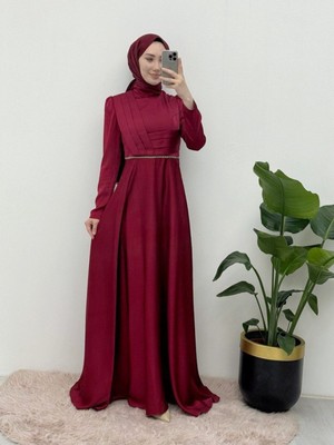 Moda Morfo Önü Drapeli Beli Boncuk Detaylı Saten Abiye -Bordo