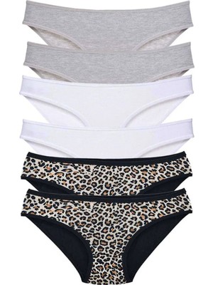 Najmaddin 6 Adet Likralı Kadın Slip Külot Leopar Gri Beyaz Tedarik Najmaddin