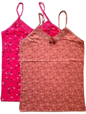 Najmaddin 2 Adet Kadın Askılı Desenli Atlet Dantelli Empirme Pamuklu Penye D3-4 Tedarik Najmaddin