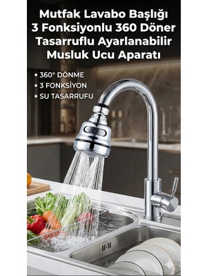 Najmaddin Su Tasarruflu Krom 3 Fonksiyonlu Döner Musluk Ucu Mutfak Evye Banyo Lavabo Çeşme Batary