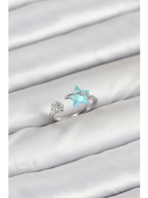 Najmaddin Pirinç Gümüş Renk Mavi Yıldızlı Model Kadın Yüzük Bayilik Najmaddin