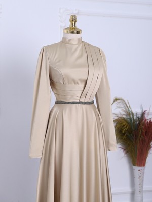 Moda Morfo Önü Drapeli Beli Boncuk Detaylı Saten Abiye -Altın