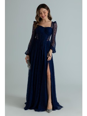 Feminist Lacivert Kalp Yaka Korse Detaylı Önü Bağlamalı Dantel Abiye 0801203.02