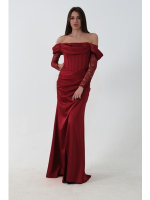 Feminist Bordo Düşük Omuz Dantel Kolu Korsajlı Abiye 9705830.04