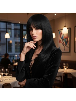 Katlı Kesim Perçemli Düz Fiber Sen Orta Boy Peruk / Siyah