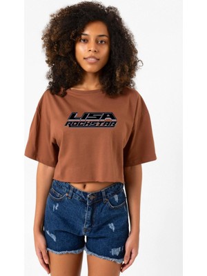 Lisa Rockstar Kahverengi Kadın Crop Tshirt