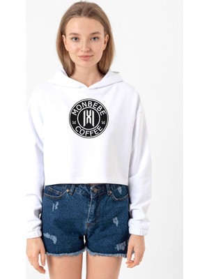 Tshirthane Monsta X Monbebe Coffee Beyaz Optik Kadın Crop Kapşonlu