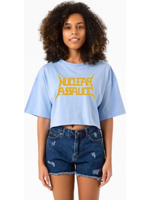 Nuclear Assault Lettern Bebe Mavi Kadın Crop Tshirt