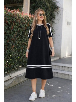 Zenvia Kadın Kısa Kollu Bisiklet Yaka Şerit Detaylı Midi Viskon Elbise