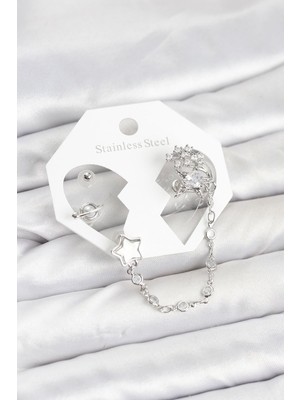 Epilons Pirinç Gümüş Renk Yıldız Model Zincir Bağlantılı Ear Cuff Küpe Seti - TJ-BKP11539