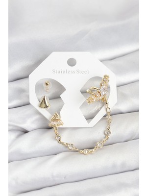 Epilons Pirinç Gold Renk Yıldızlı Model Zincir Bağlantılı Ear Cuff Küpe Seti - TJ-BKP11540