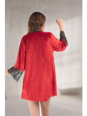 Uravas Store Kırmızı Kadife Sabahlık &amp; Gecelik Takım 2' Li