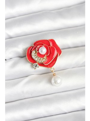 Uravas Store Kırmızı Gül Incili Model Broş
