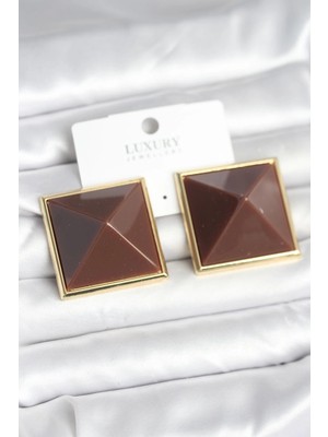 Uravas Store Pirinç Gold Renk Kahverengi Piramit Model Kadın Küpe