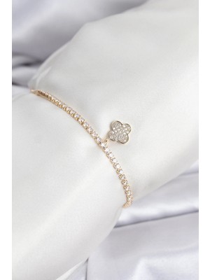 Uravas Store Yonca Model Zirkon Taşlı Gold Renk Asansörlü Su Yolu Bileklik