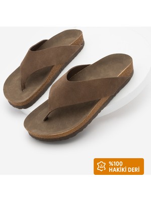 Marjin Kadın Hakiki Deri Eva Taban Parmak Arası Kalın Bantlı Günlük Terlik Zigan Kahve Süet