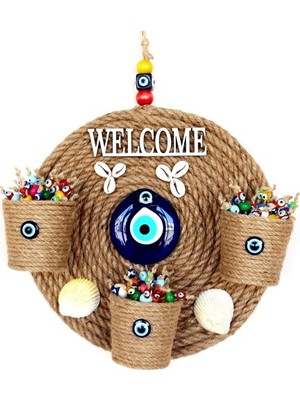 TeknoKapsül Üç Saksılı Welcome Yazılı Deniz Kabuklu Nazar Boncuklu Hasır Kapı Süsü