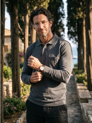 Çizgi Triko Erkek Polo Yaka Uzun Kollu Cepli Mevsimlik Füme Penye Sweat - 5306