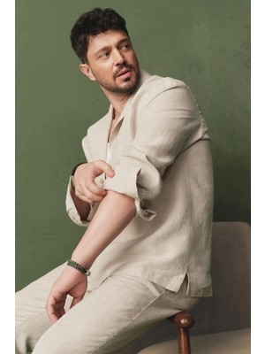 AVVA Erkek Bej Apaj Yaka %100 Keten Nefes Alan Comfort Fit Gömlek Ceket A61Y2137