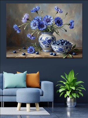 Artmeg Vazoda Mavi Peygamber Çiçekleri Buketi Dekoratif Kanvas - Mdf Ahşap Tablo