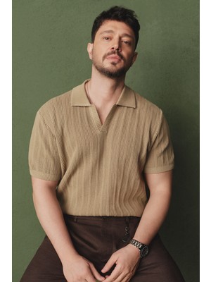 AVVA Erkek Vizon Polo Yaka Fermuarlı %100 Pamuk Regular Fit Triko T-Shirt A61Y5024