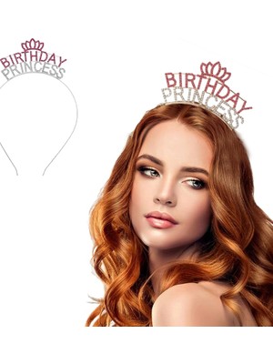 Uravas Store Kristal Taşlı Pembe Birthday Princess Yazılı Parti Tacı 19X11 cm