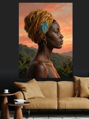 Artmeg Başörtülü Afrikalı Kadın Profil Portresi Dekoratif Kanvas - Mdf Ahşap Tablo