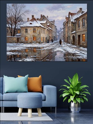 Artmeg Karlı Şehir Sokakları Kış Manzarası Dekoratif Kanvas - Mdf Ahşap Tablo