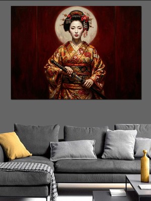 Artmeg Geleneksel Japon Geyşa Kırmızı Portre Dekoratif Kanvas - Mdf Ahşap Tablo